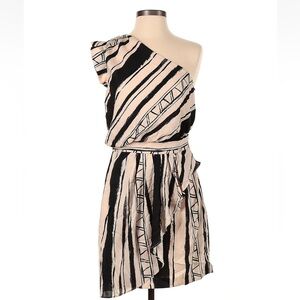 BCBGeneration Tan Striped One Shoulder Ruched Wrap Dress Size 4